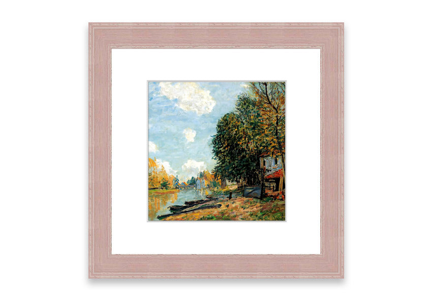 Framed print of Alfred Sisley's 'Moret On The Banks Of The River Loing', showcasing serene river landscape in vibrant colors.