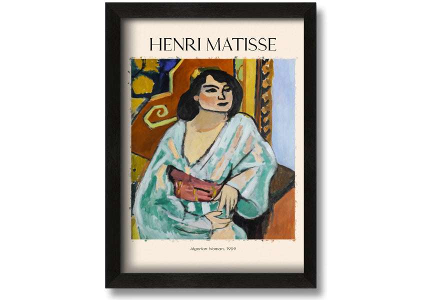 A vibrant canvas print of 'Algerian Woman, 1909' by Henri Matisse, mounted on a 44mm box frame, showcasing bold colors and intricate details.