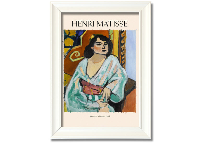 A vibrant canvas print of 'Algerian Woman, 1909' by Henri Matisse, mounted on a 44mm box frame, showcasing bold colors and intricate details.