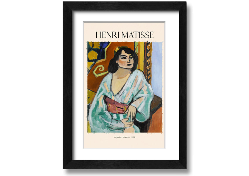 A vibrant canvas print of 'Algerian Woman, 1909' by Henri Matisse, mounted on a 44mm box frame, showcasing bold colors and intricate details.