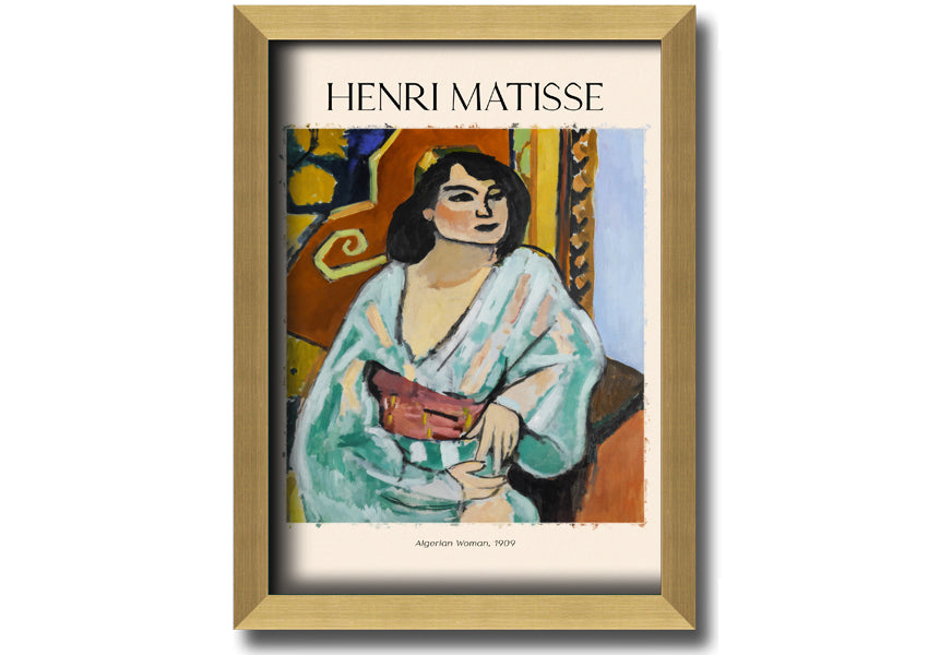 A vibrant canvas print of 'Algerian Woman, 1909' by Henri Matisse, mounted on a 44mm box frame, showcasing bold colors and intricate details.