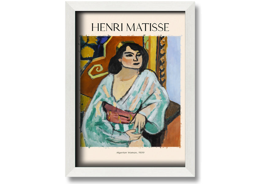 A vibrant canvas print of 'Algerian Woman, 1909' by Henri Matisse, mounted on a 44mm box frame, showcasing bold colors and intricate details.