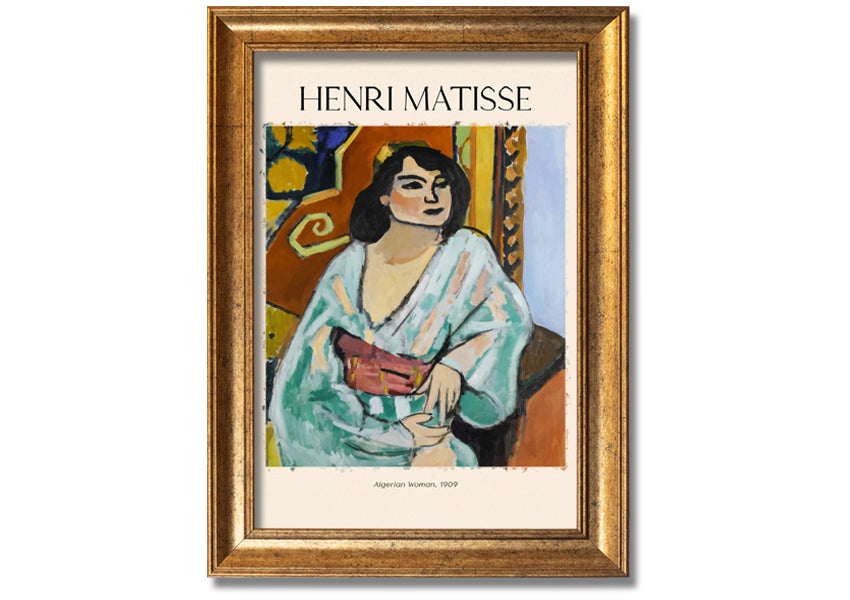 A vibrant canvas print of 'Algerian Woman, 1909' by Henri Matisse, mounted on a 44mm box frame, showcasing bold colors and intricate details.