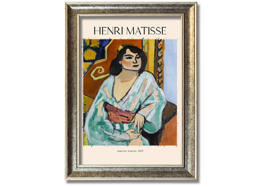 A vibrant canvas print of 'Algerian Woman, 1909' by Henri Matisse, mounted on a 44mm box frame, showcasing bold colors and intricate details.