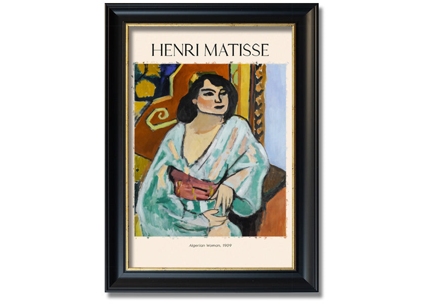 A vibrant canvas print of 'Algerian Woman, 1909' by Henri Matisse, mounted on a 44mm box frame, showcasing bold colors and intricate details.