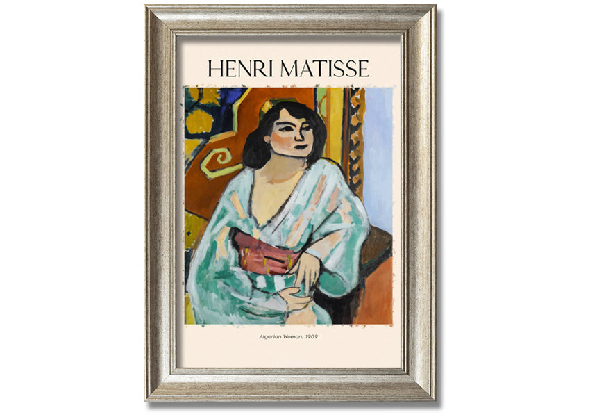 A vibrant canvas print of 'Algerian Woman, 1909' by Henri Matisse, mounted on a 44mm box frame, showcasing bold colors and intricate details.