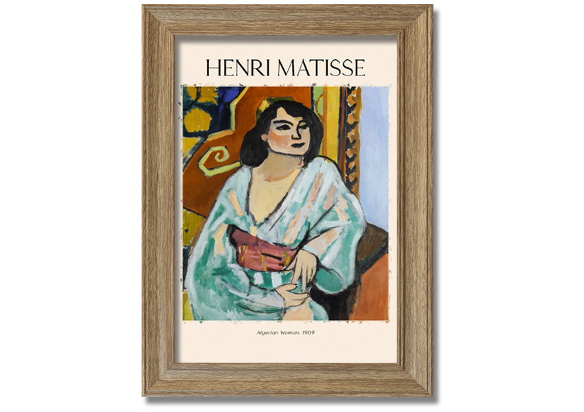 A vibrant canvas print of 'Algerian Woman, 1909' by Henri Matisse, mounted on a 44mm box frame, showcasing bold colors and intricate details.