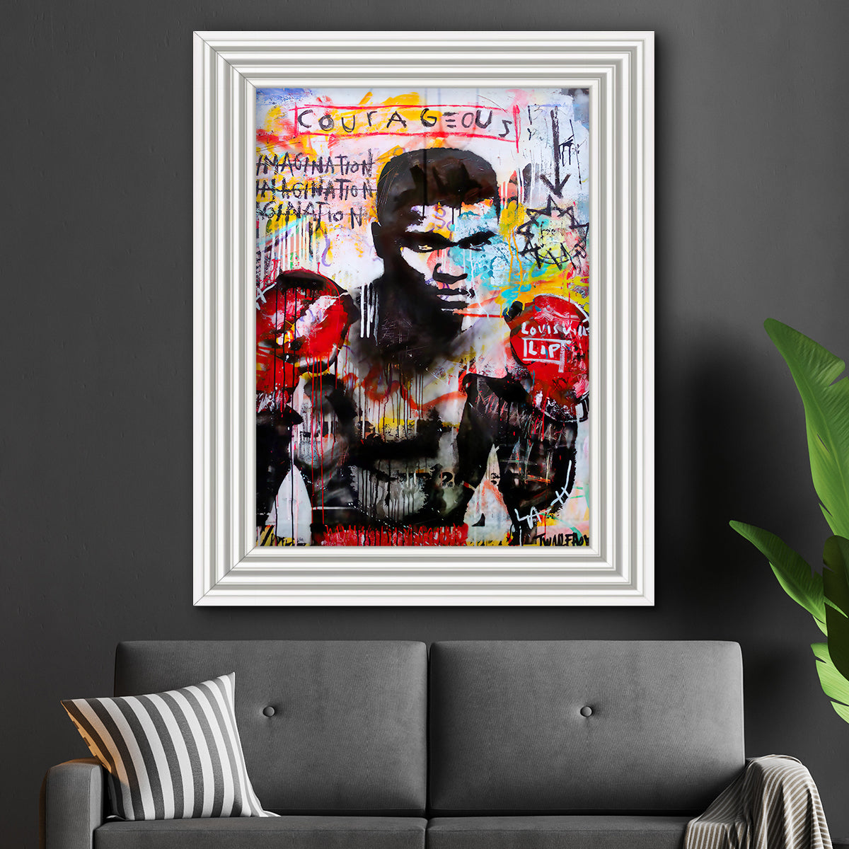 Ali Boxing framed print showcasing vibrant colors and dynamic design, available in multiple frame colors.