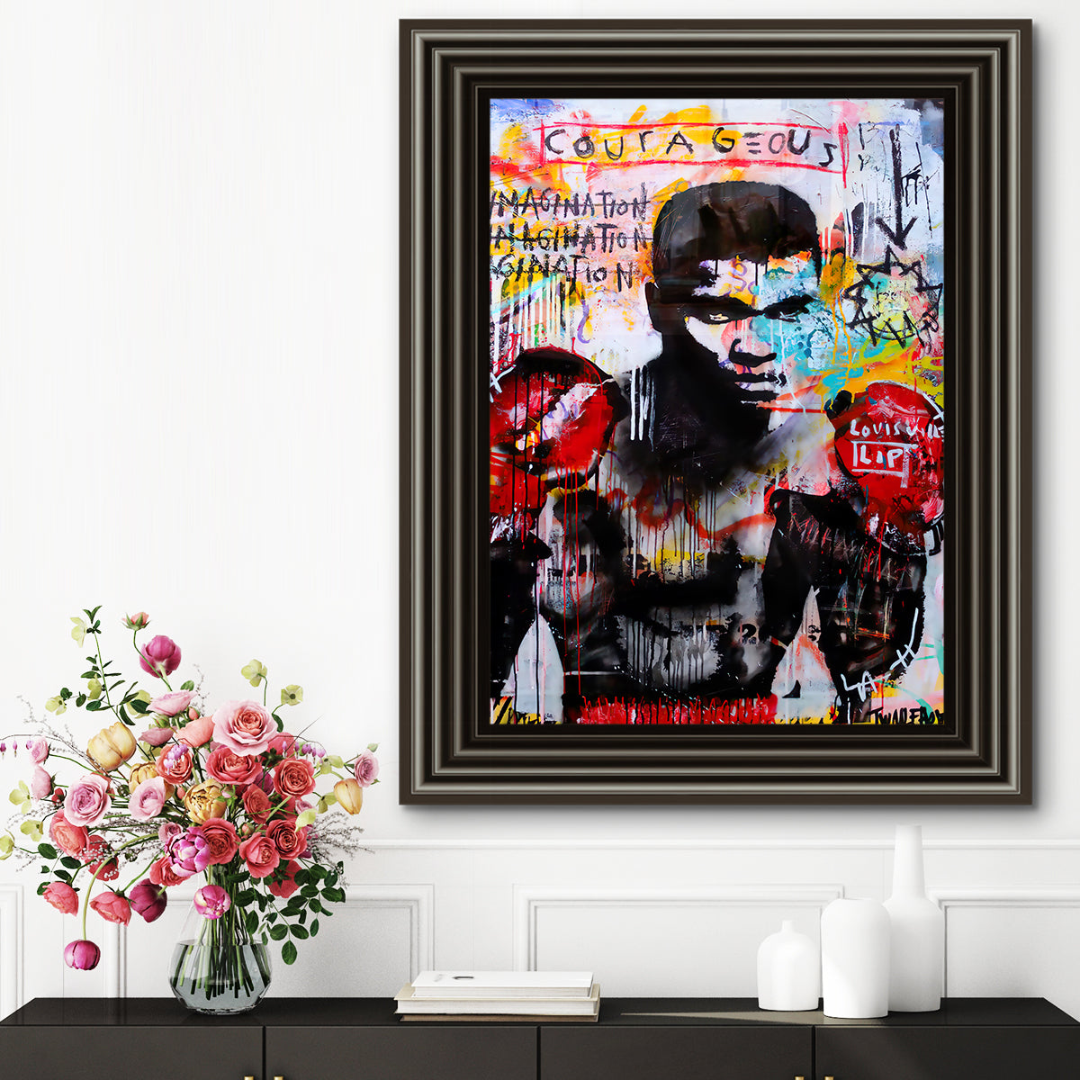 Ali Boxing framed print showcasing vibrant colors and dynamic design, available in multiple frame colors.