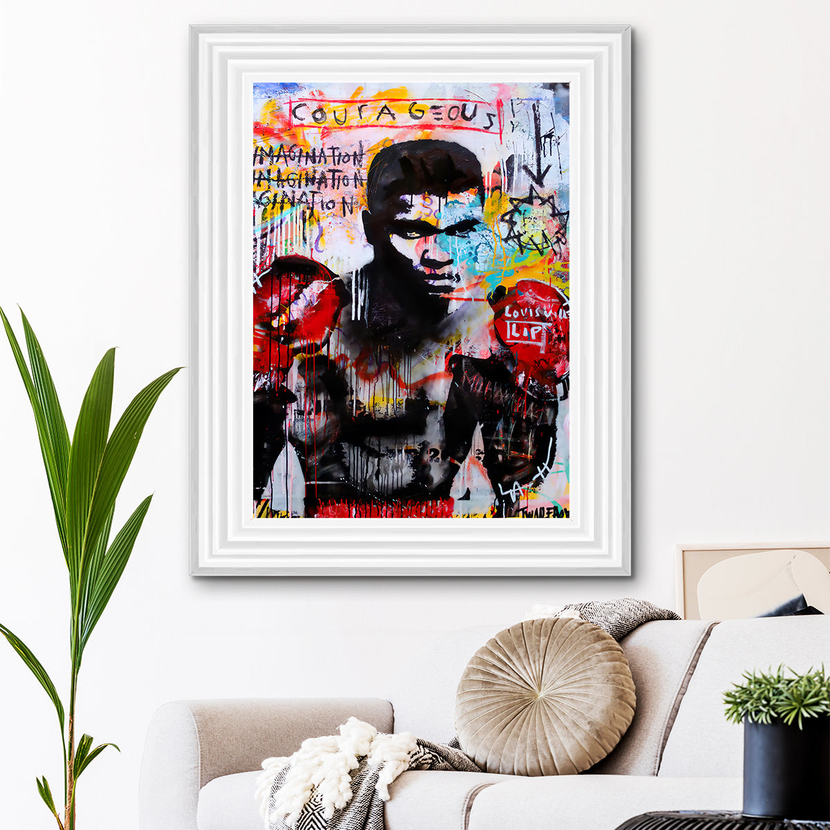 Ali Boxing framed print showcasing vibrant colors and dynamic design, available in multiple frame colors.