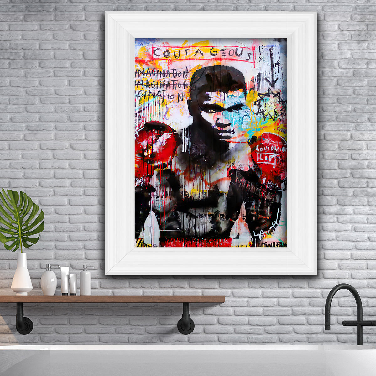 Ali Boxing framed print showcasing vibrant colors and dynamic design, available in multiple frame colors.