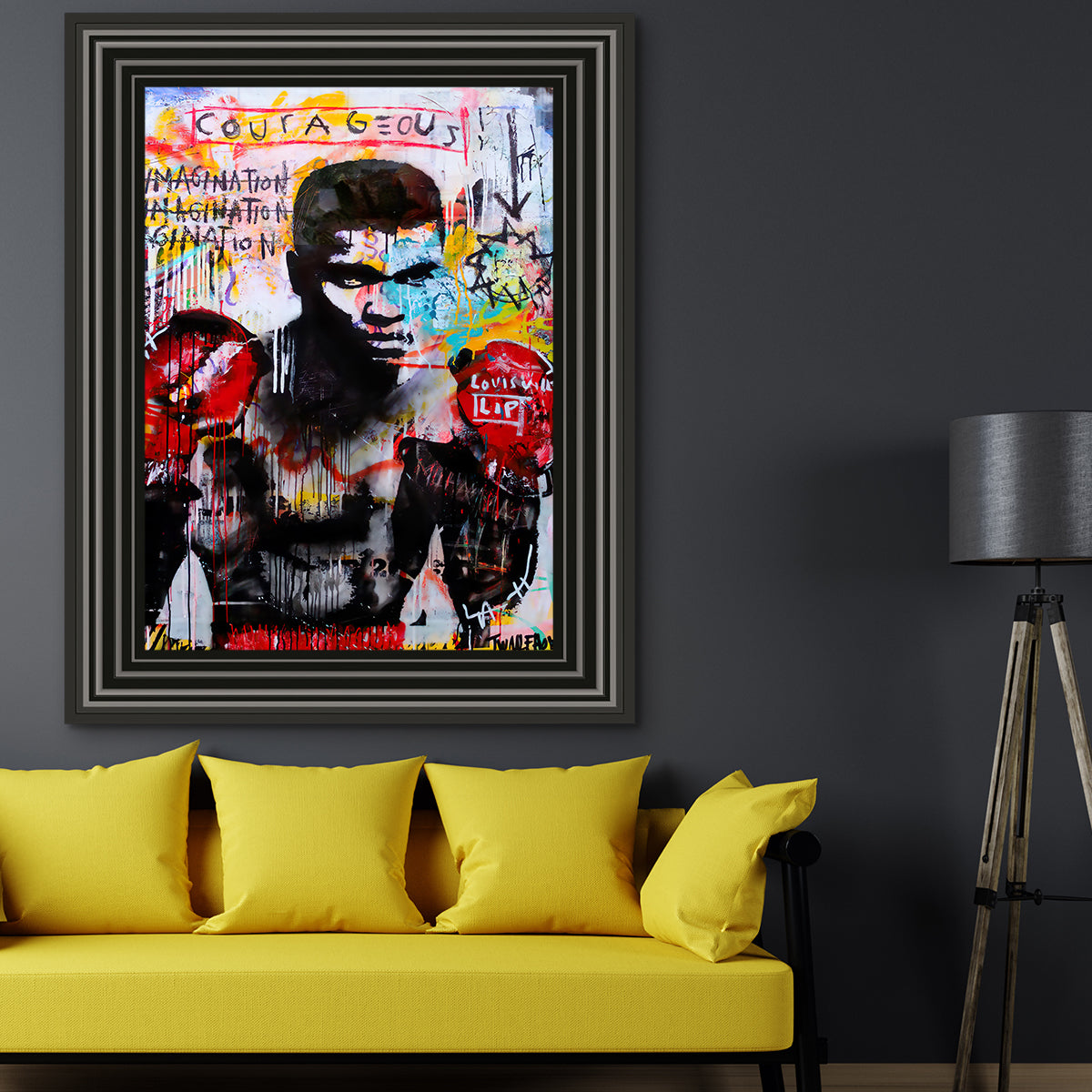 Ali Boxing framed print showcasing vibrant colors and dynamic design, available in multiple frame colors.