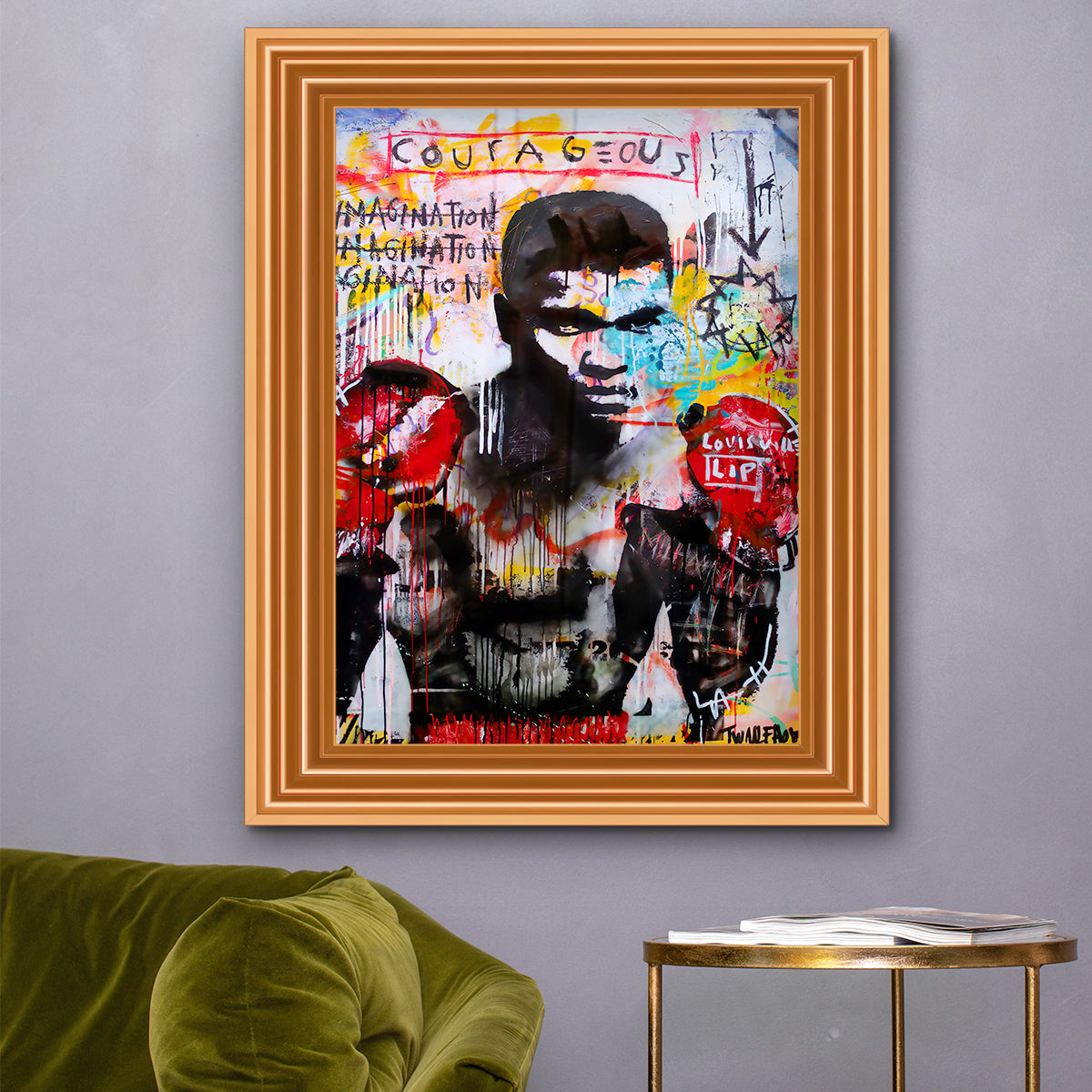 Ali Boxing framed print showcasing vibrant colors and dynamic design, available in multiple frame colors.