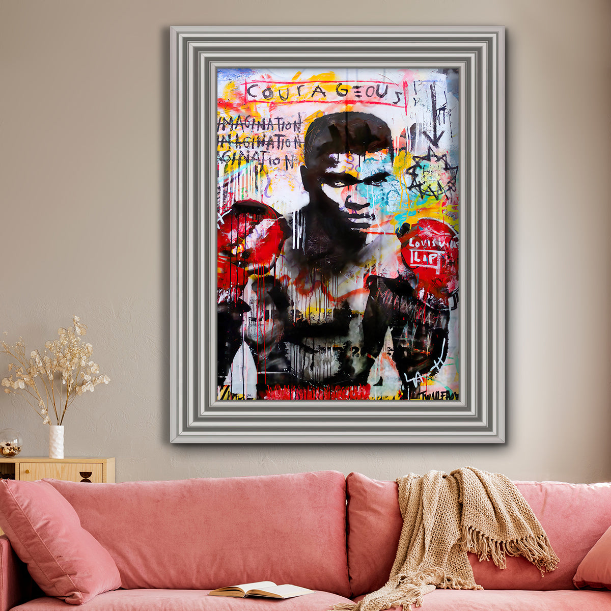 Ali Boxing framed print showcasing vibrant colors and dynamic design, available in multiple frame colors.