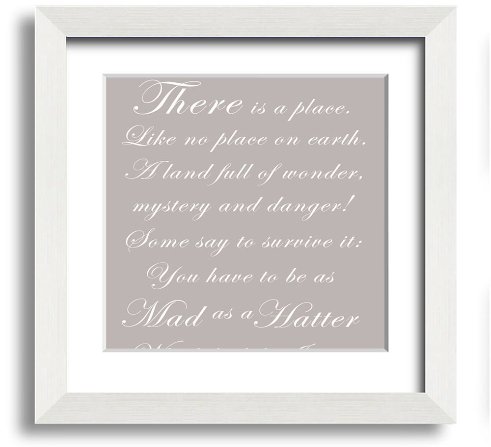 Alice In Wonderland Mad Hatter beige square framed print, showcasing whimsical design and quality craftsmanship.