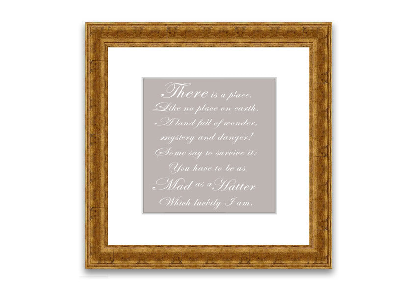 Framed print of Alice In Wonderland's Mad Hatter in beige, showcasing whimsical art and quality craftsmanship.