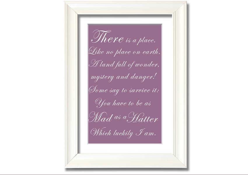 Framed print of Alice In Wonderland's Mad Hatter in dusty pink, showcasing whimsical design and quality craftsmanship.