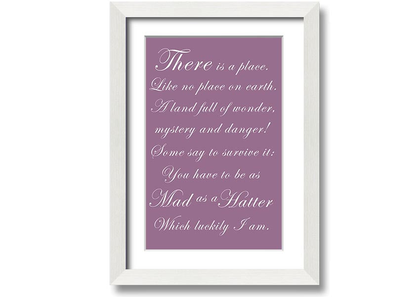 Framed print of Alice In Wonderland's Mad Hatter in dusty pink, showcasing whimsical design and quality craftsmanship.