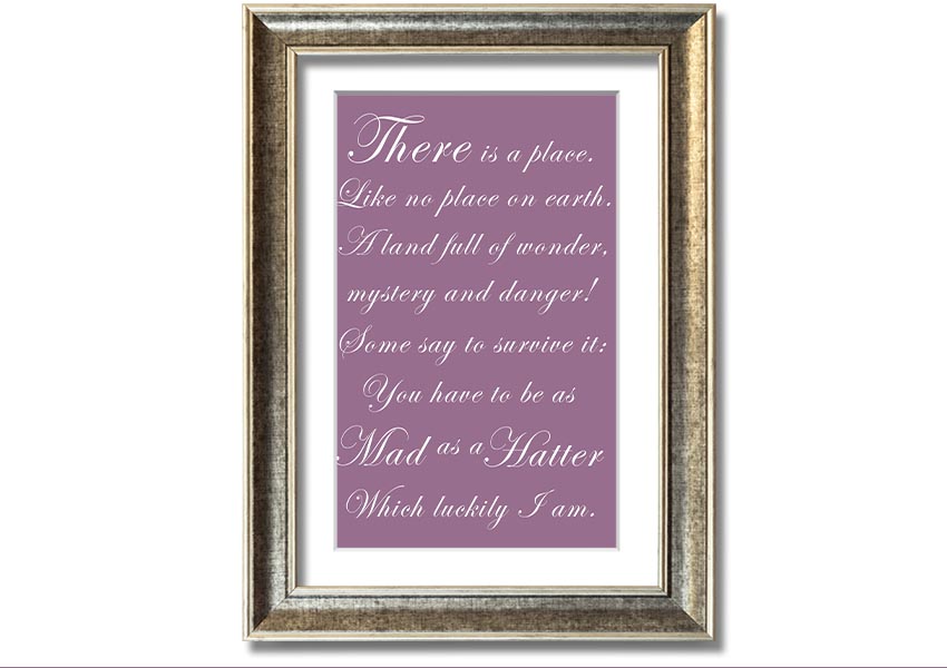 Framed print of Alice In Wonderland's Mad Hatter in dusty pink, showcasing whimsical design and quality craftsmanship.