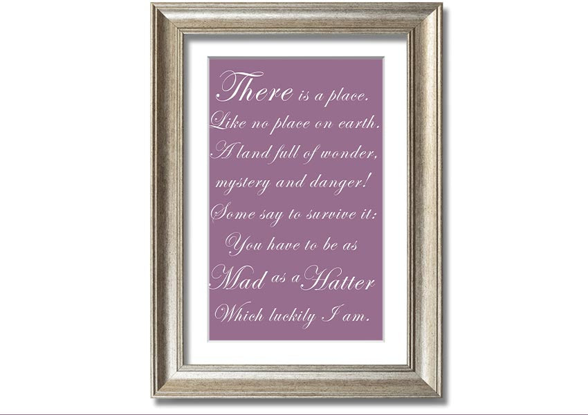 Framed print of Alice In Wonderland's Mad Hatter in dusty pink, showcasing whimsical design and quality craftsmanship.