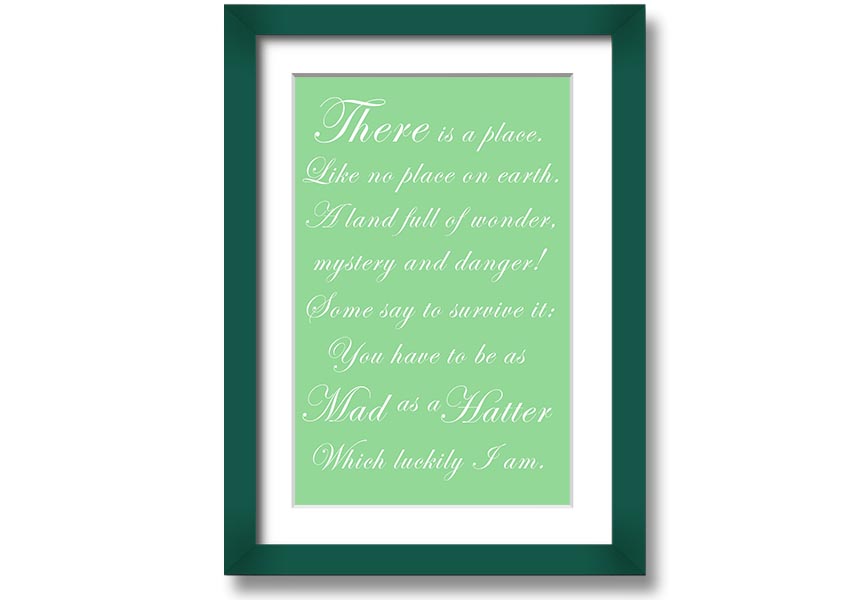 Framed print of Alice In Wonderland featuring the Mad Hatter in vibrant green colors, ready to hang.