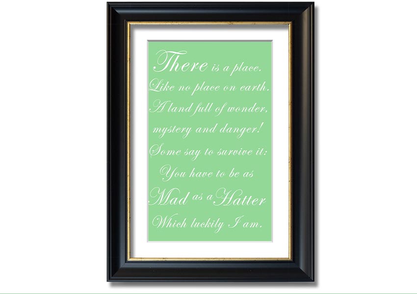 Framed print of Alice In Wonderland featuring the Mad Hatter in vibrant green colors, ready to hang.