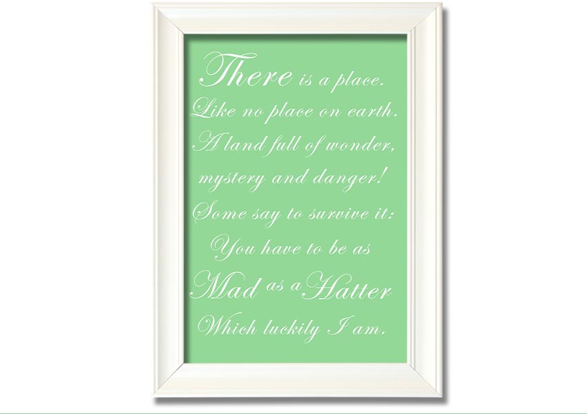 Framed print of Alice In Wonderland featuring the Mad Hatter in vibrant green colors, ready to hang.