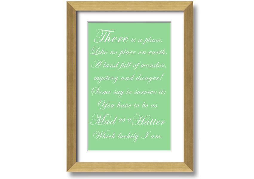 Framed print of Alice In Wonderland featuring the Mad Hatter in vibrant green colors, ready to hang.