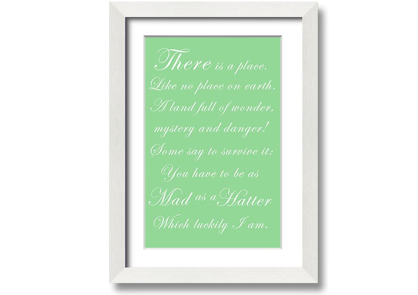 Framed print of Alice In Wonderland featuring the Mad Hatter in vibrant green colors, ready to hang.