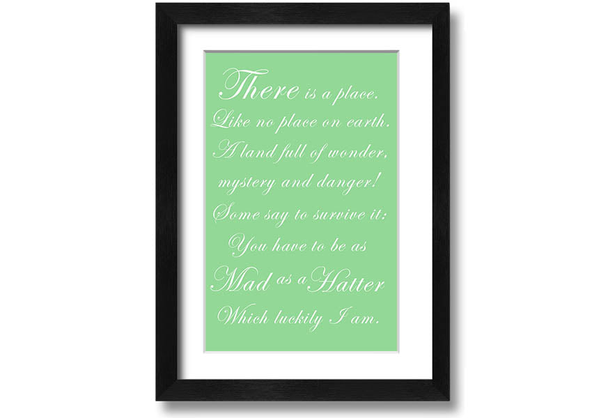 Framed print of Alice In Wonderland featuring the Mad Hatter in vibrant green colors, ready to hang.