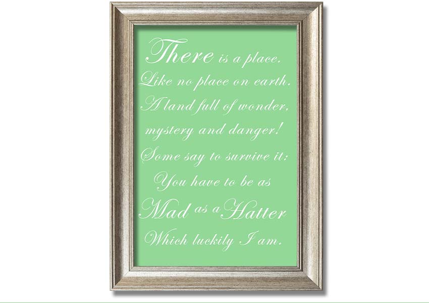 Framed print of Alice In Wonderland featuring the Mad Hatter in vibrant green colors, ready to hang.