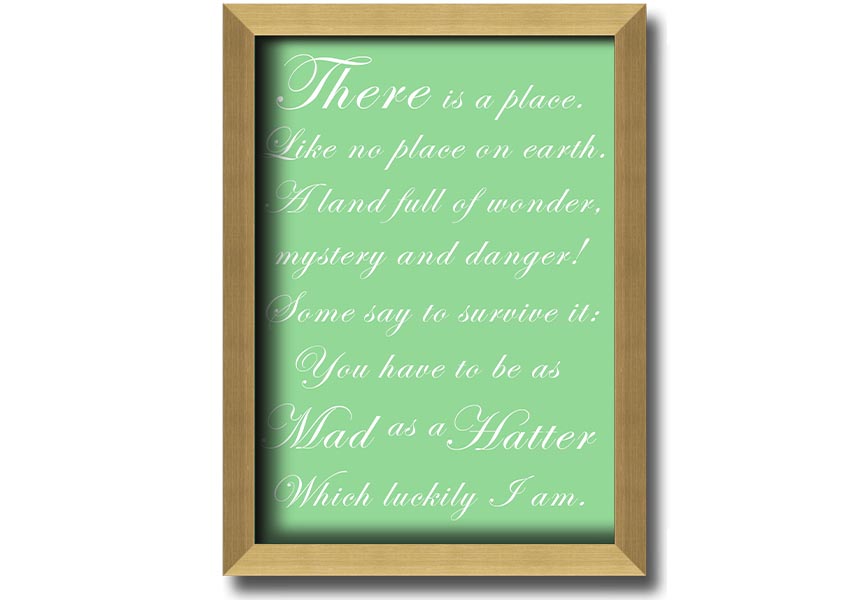 Framed print of Alice In Wonderland featuring the Mad Hatter in vibrant green colors, ready to hang.