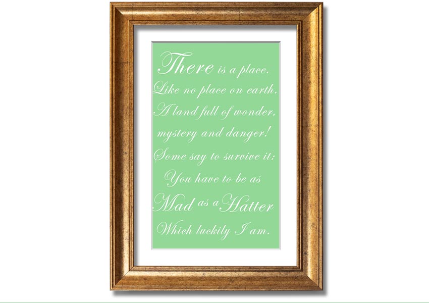 Framed print of Alice In Wonderland featuring the Mad Hatter in vibrant green colors, ready to hang.