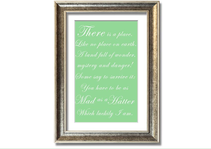 Framed print of Alice In Wonderland featuring the Mad Hatter in vibrant green colors, ready to hang.