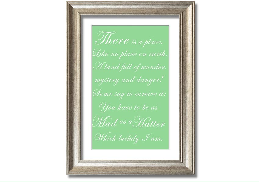 Framed print of Alice In Wonderland featuring the Mad Hatter in vibrant green colors, ready to hang.