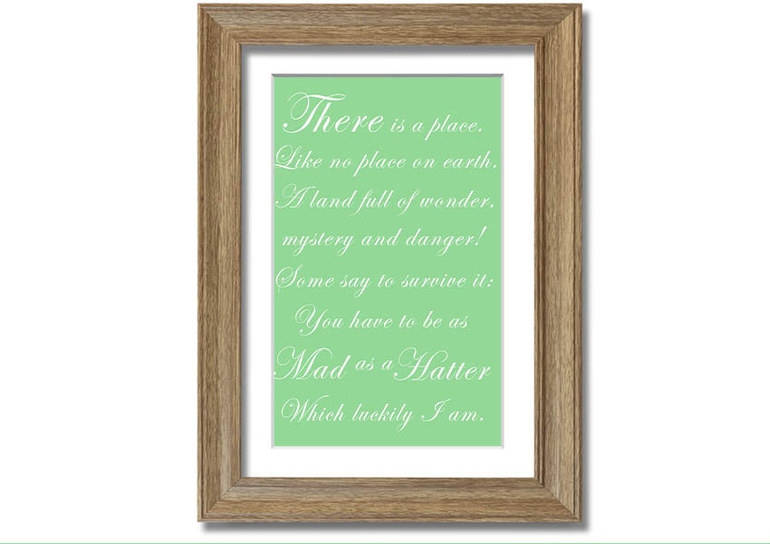 Framed print of Alice In Wonderland featuring the Mad Hatter in vibrant green colors, ready to hang.