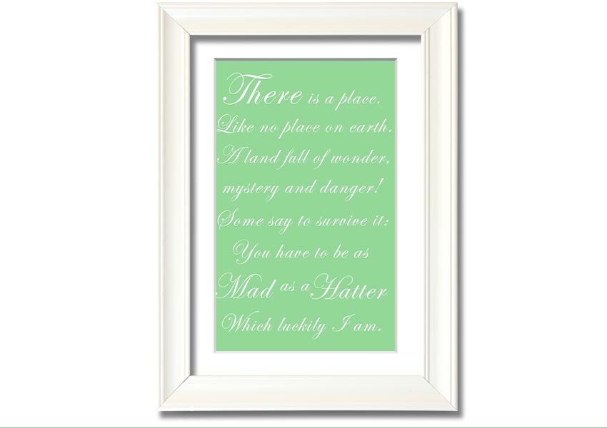 Framed print of Alice In Wonderland featuring the Mad Hatter in vibrant green colors, ready to hang.