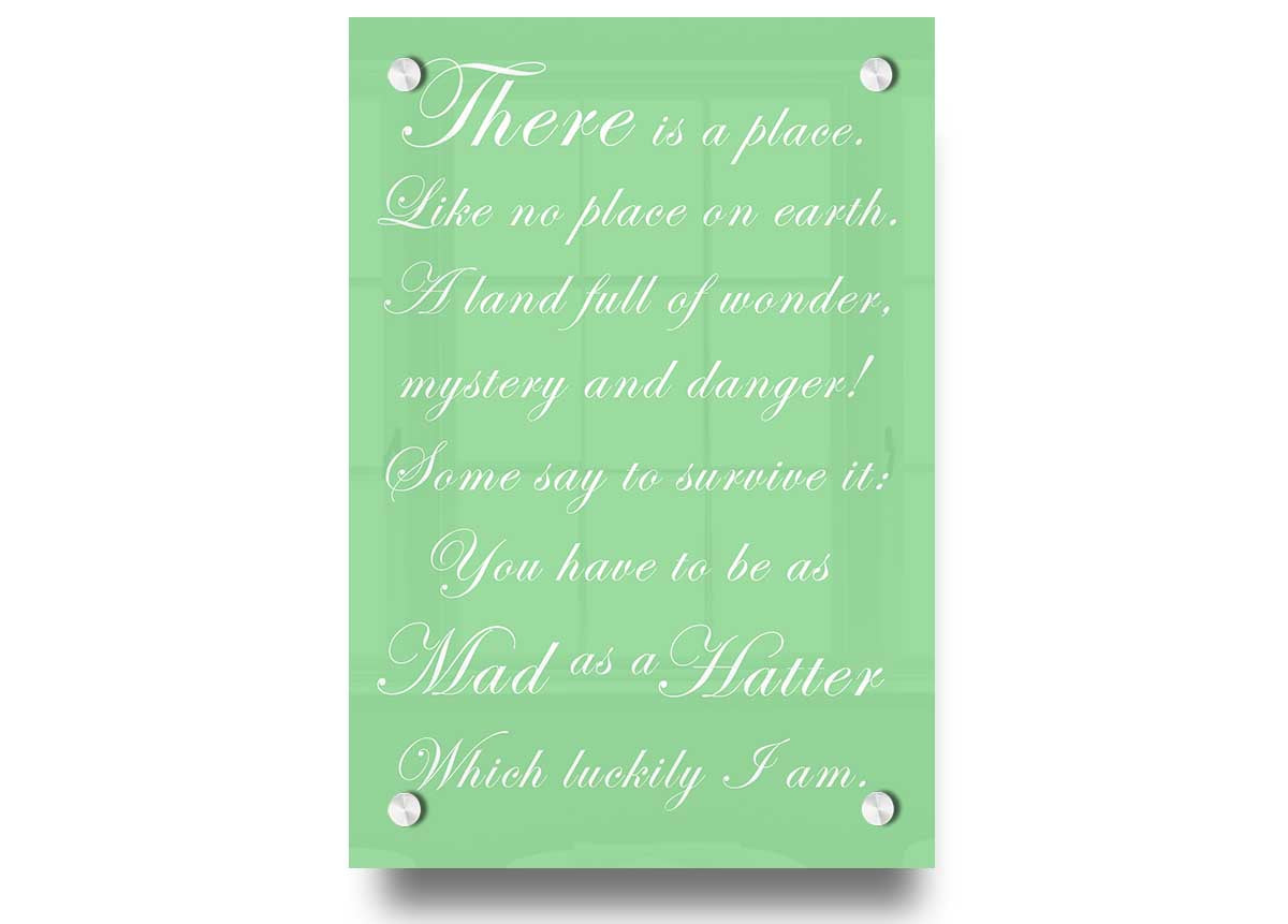 Alice In Wonderland acrylic print featuring the Mad Hatter in vibrant green, mounted on 5mm thick acrylic glass.