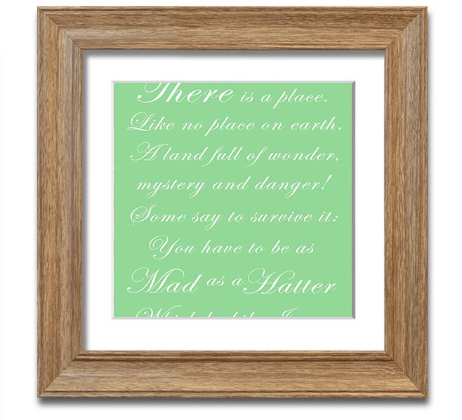 Alice In Wonderland Mad Hatter Green square framed print, featuring vibrant colors and whimsical design, ready to hang.