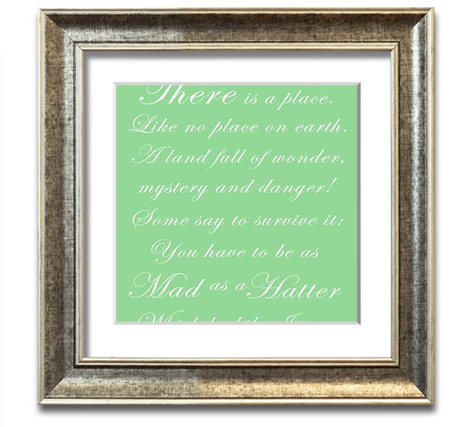 Alice In Wonderland Mad Hatter Green square framed print, featuring vibrant colors and whimsical design, ready to hang.