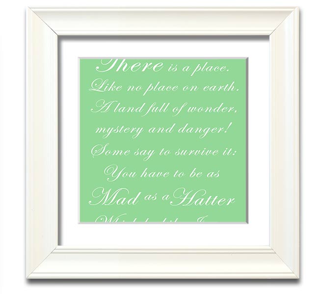 Alice In Wonderland Mad Hatter Green square framed print, featuring vibrant colors and whimsical design, ready to hang.