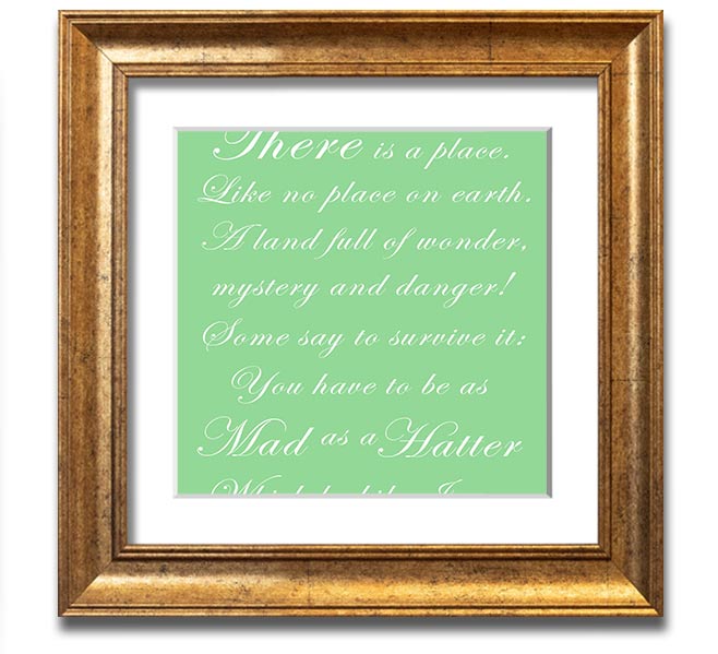 Alice In Wonderland Mad Hatter Green square framed print, featuring vibrant colors and whimsical design, ready to hang.