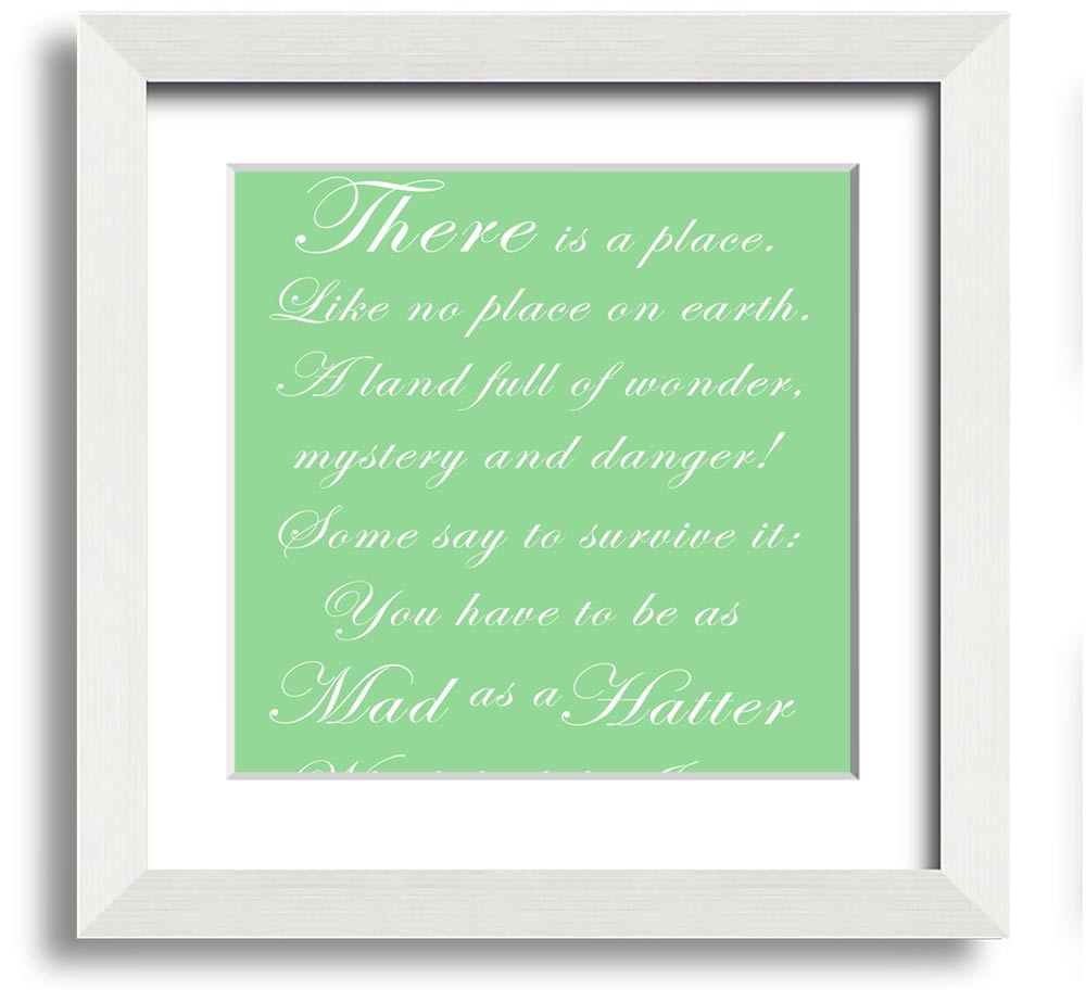 Alice In Wonderland Mad Hatter Green square framed print, featuring vibrant colors and whimsical design, ready to hang.