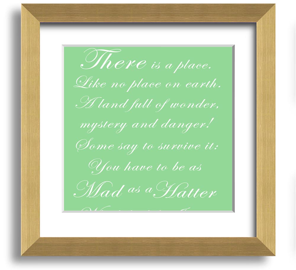 Alice In Wonderland Mad Hatter Green square framed print, featuring vibrant colors and whimsical design, ready to hang.