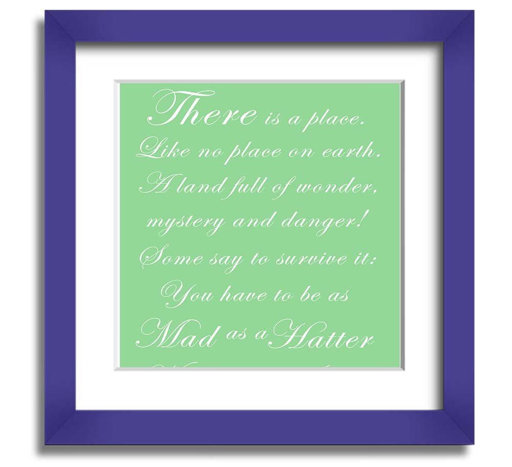 Alice In Wonderland Mad Hatter Green square framed print, featuring vibrant colors and whimsical design, ready to hang.