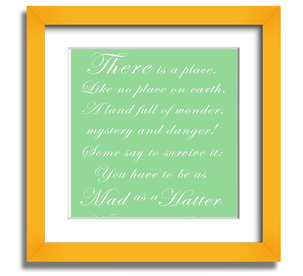 Alice In Wonderland Mad Hatter Green square framed print, featuring vibrant colors and whimsical design, ready to hang.