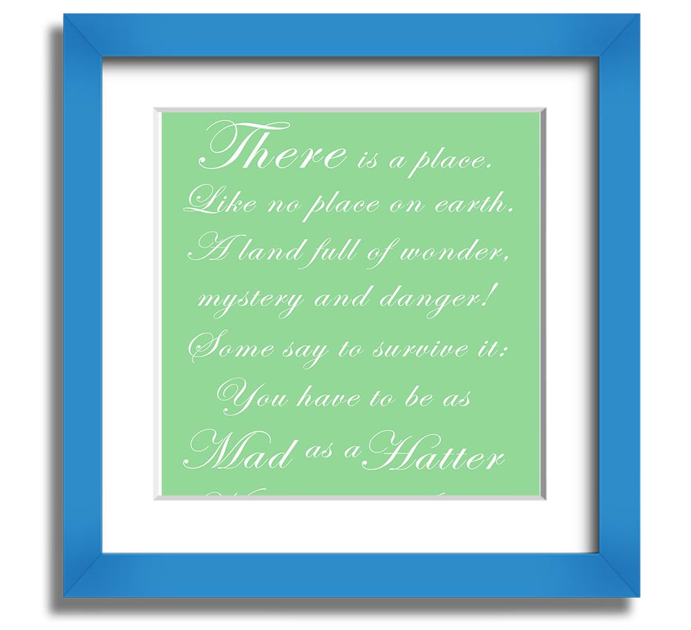 Alice In Wonderland Mad Hatter Green square framed print, featuring vibrant colors and whimsical design, ready to hang.