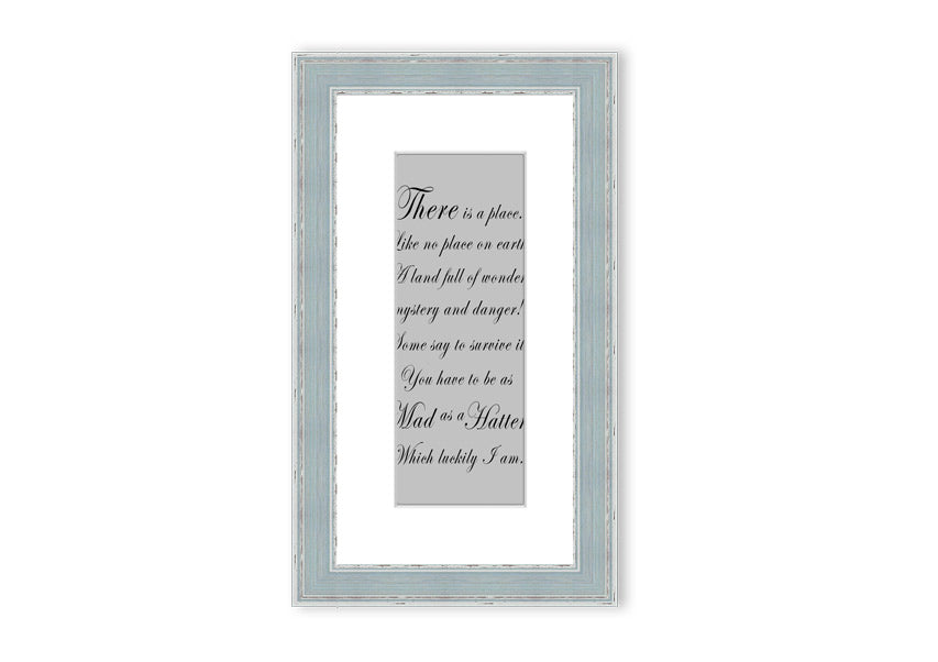 Framed print of Alice In Wonderland's Mad Hatter in grey, showcasing intricate details and vibrant colors.