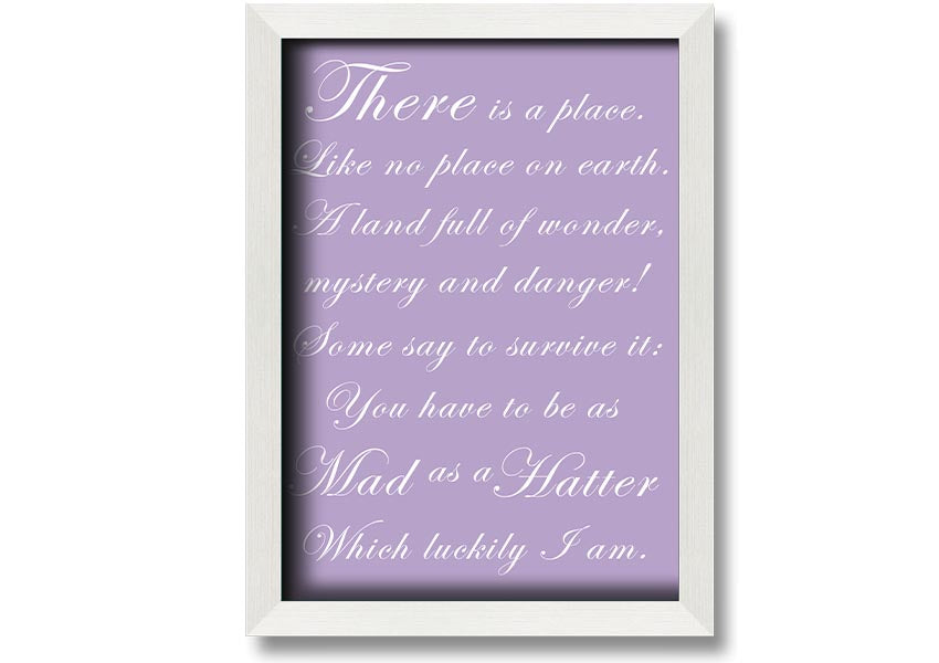 Framed print of Alice In Wonderland's Mad Hatter in lilac, showcasing whimsical art with a decorative frame.