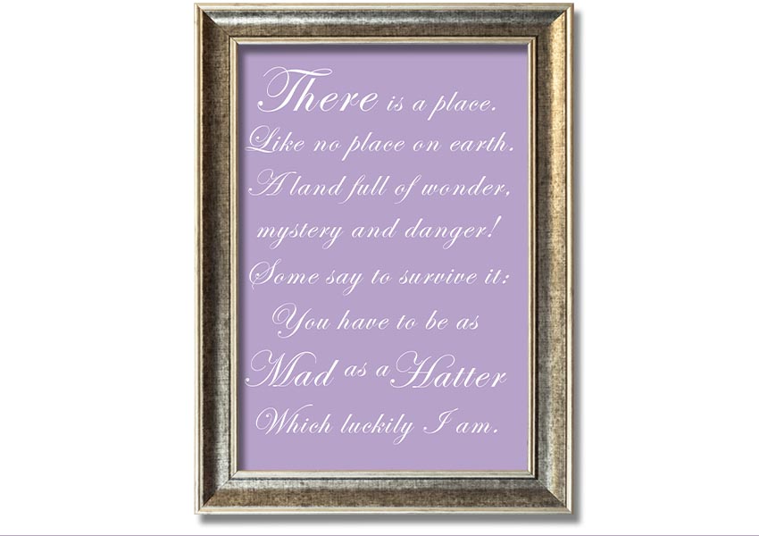 Framed print of Alice In Wonderland's Mad Hatter in lilac, showcasing whimsical art with a decorative frame.